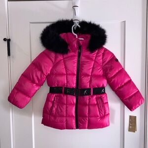 Michael Kors Pink Puffer Jacket with Black Faux Fur Girls Size 4 NWT